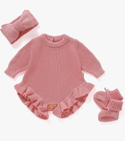 Conjunto tejido de bebé 3 piezas con volantes